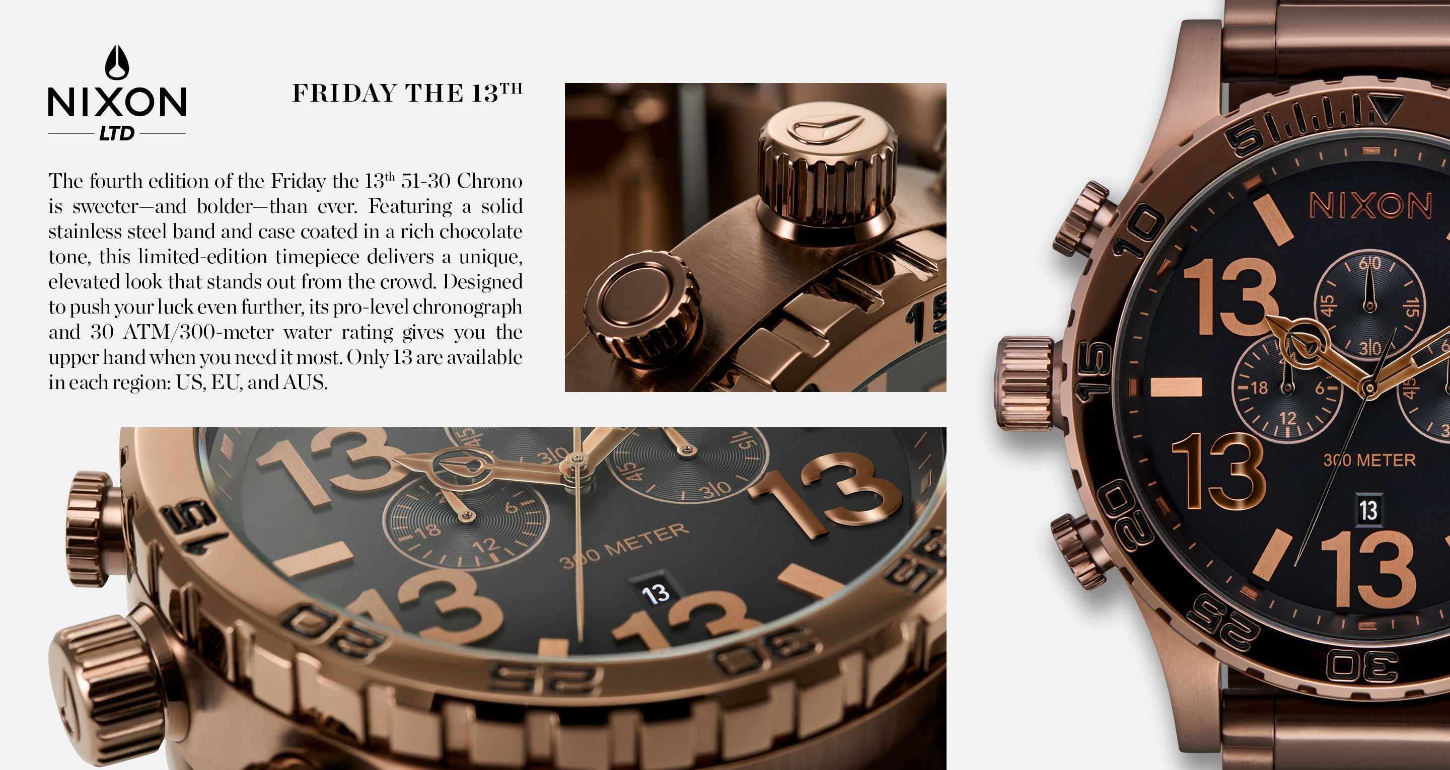 Nixon LTD Friday the 13th limited edition chronograph watch in chocolate-toned stainless steel, featuring a black dial with large "13" numerals and gold accents.